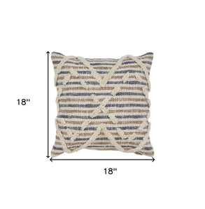 18" Blue And Beige Cotton Striped Throw Pillow