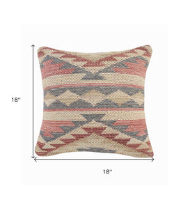 18" X 18" Blue Cream And Red 100% Cotton Geometric Zippered Pillow