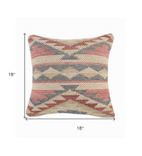 18" X 18" Blue Cream And Red 100% Cotton Geometric Zippered Pillow