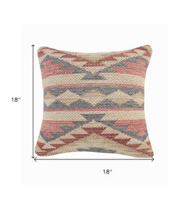 18" X 18" Blue Cream And Red 100% Cotton Geometric Zippered Pillow