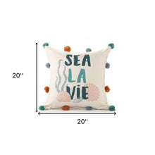 20"  Natural Aqua And Gray Sea La Vie Seashells Throw Pillow with Pompoms