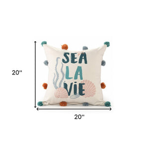 20"  Natural Aqua And Gray Sea La Vie Seashells Throw Pillow with Pompoms