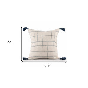 20" Ivory and Blue Throw Pillow