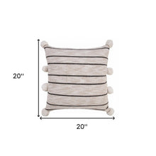 20" Beige And Black Jute Striped Throw Pillow with Pompoms