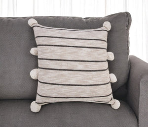 20" Beige And Black Jute Striped Throw Pillow with Pompoms