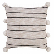 20" Beige And Black Jute Striped Throw Pillow with Pompoms