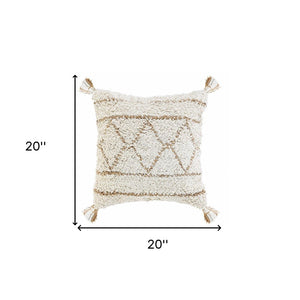 14" X 36" White And Tan 100% Cotton Geometric Zippered Pillow