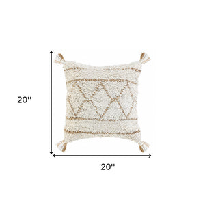14" X 36" White And Tan 100% Cotton Geometric Zippered Pillow
