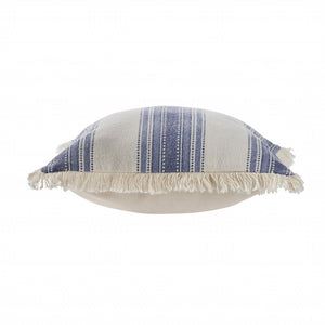 18" Navy Blue And Ivory Cotton Coastal Throw Pillow with Fringe