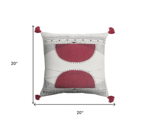 20" Black White And Burgundy Cotton Geometric Throw Pillow with Tassels