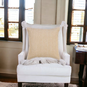 20" Brown and White Throw Pillow with Embroidery and Tassels