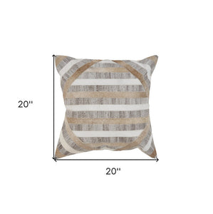 20" Beige and Brown Striped Cowhide Throw Pillow