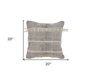 20" Black And Natural Striped Cotton Throw Pillow with Tassels