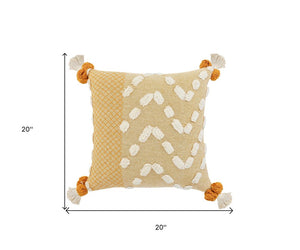 20" Black Gray And Cream Cotton Geometric Throw Pillow with Pompoms