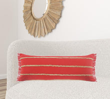 14" X 36" Navy Blue And Tan Cotton Striped Throw Pillow with Fringe