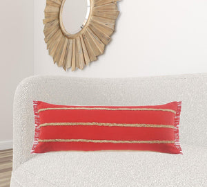 14" X 36" Navy Blue And Tan Cotton Striped Throw Pillow with Fringe