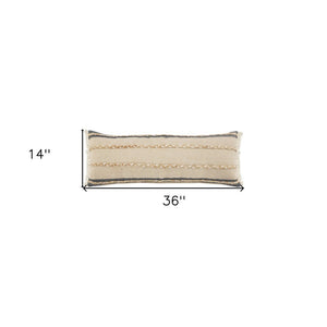 14" X 36" Black Tan And Taupe Jute Striped Zippered Pillow