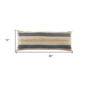 14" X 36" Denim Tan And Taupe Jute Coastal Zippered Pillow