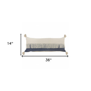 14" X 36" Denim Blue And Off-White 100% Cotton Zippered Pillow