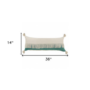 14" X 36" Denim Blue And Off-White 100% Cotton Zippered Pillow