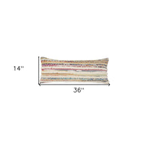 14" X 36" Off White Red And Blue Cotton Striped Throw Pillow
