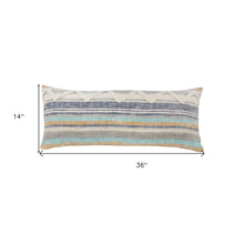 14" X 36" Off White Blue And Orange Cotton Striped Throw Pillow