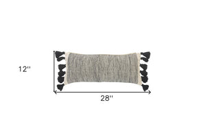 12" X 28" Gray Ivory And Black Cotton Wavy Stripe Throw Pillow with Fringe
