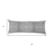 14" X 36" Gray And White Cotton Medallion Throw Pillow