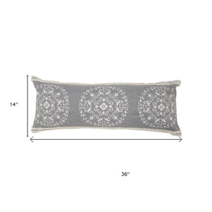 14" X 36" Gray And White Cotton Medallion Throw Pillow