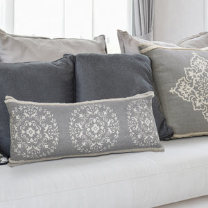 14" X 36" Gray And White Cotton Medallion Throw Pillow