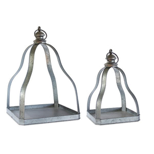 Set of Two Gray Distressed Galvanized Metal Tabletop Lantern Candle Holders