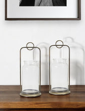 Set of Two Bronze Metal And Glass Tabletop Hurricane Candle Holders