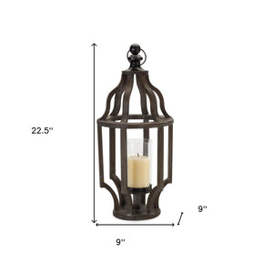 23" Black Geometric Wood And Glass Tabletop Lantern Candle Holder