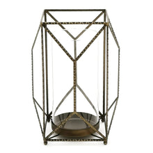 12" Gold Distressed Geometric Iron And Glass Floor Hurricane Candle Holder
