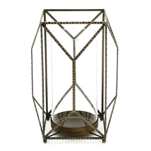12" Gold Distressed Geometric Iron And Glass Floor Hurricane Candle Holder