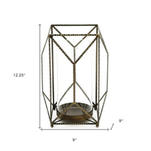 12" Gold Distressed Geometric Iron And Glass Floor Hurricane Candle Holder