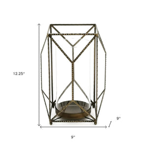 12" Gold Distressed Geometric Iron And Glass Floor Hurricane Candle Holder