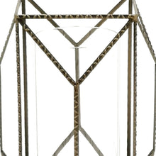 12" Gold Distressed Geometric Iron And Glass Floor Hurricane Candle Holder