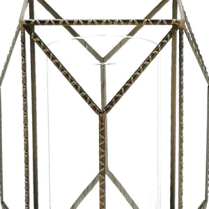 12" Gold Distressed Geometric Iron And Glass Floor Hurricane Candle Holder