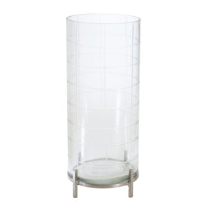 12" Silver And Clear Geometric Iron And Glass Tabletop Hurricane Candle Holder