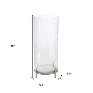 12" Silver And Clear Geometric Iron And Glass Tabletop Hurricane Candle Holder