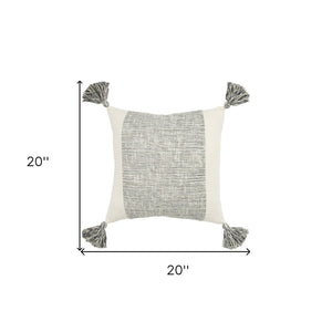 20" Gray and Ivory Cotton Pillow With Tassels Edges