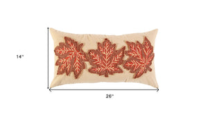 14" X 26" Beige and Brown Autumn Leaves Throw Pillow With Applique And Embroidery
