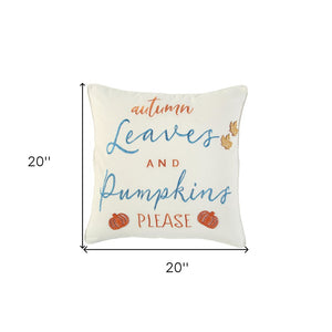 20" Ivory Blue and Orange Thanksgiving Cotton Pillow With Applique, Embroidery Edges
