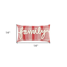 14" X 14" Red and Ivory Plaid Cotton Throw Pillow