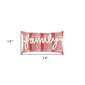 14" X 14" Red and Ivory Plaid Cotton Throw Pillow