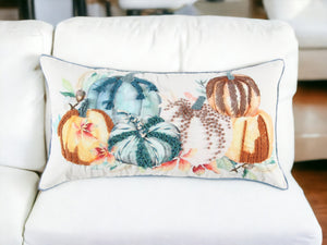 14" X 14" Blue and White Thanksgiving Cotton Pillow With Embroidery Edges