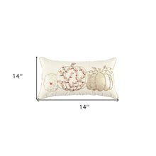 14" X 14" Gold and Ivory Thanksgiving Pumpkin Abstract Cotton Throw Pillow With Embroidery, Beads, Pom Poms