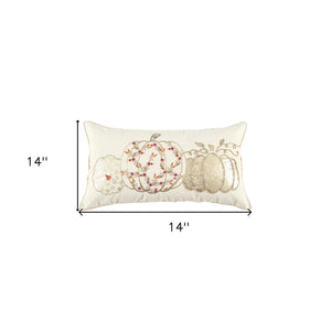 14" X 14" Gold and Ivory Thanksgiving Pumpkin Abstract Cotton Throw Pillow With Embroidery, Beads, Pom Poms