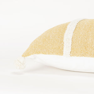 14" X 14" Yellow and White Cotton Pillow With Tassels Edges